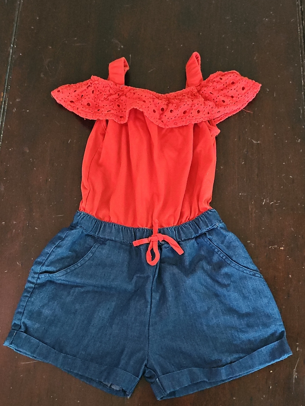 DKNY Red Eyelet Romper with Blue Denim-Look Shorts Girls Size 5
